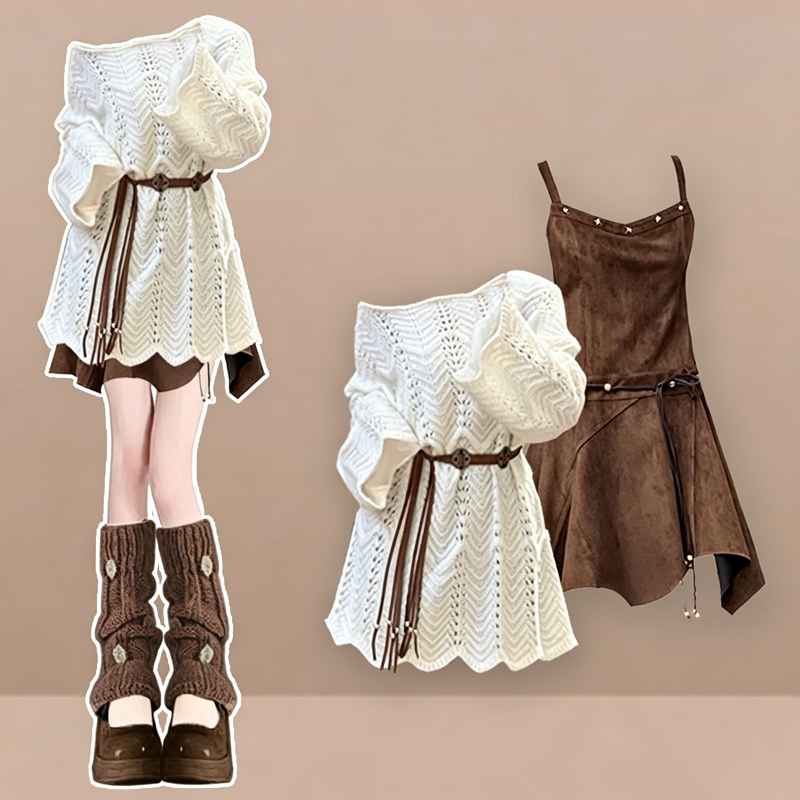  Hollow Out Long Sleeve Knit Cover Up Belted Dress Two Pieces Set - Set - 4XL - image 1