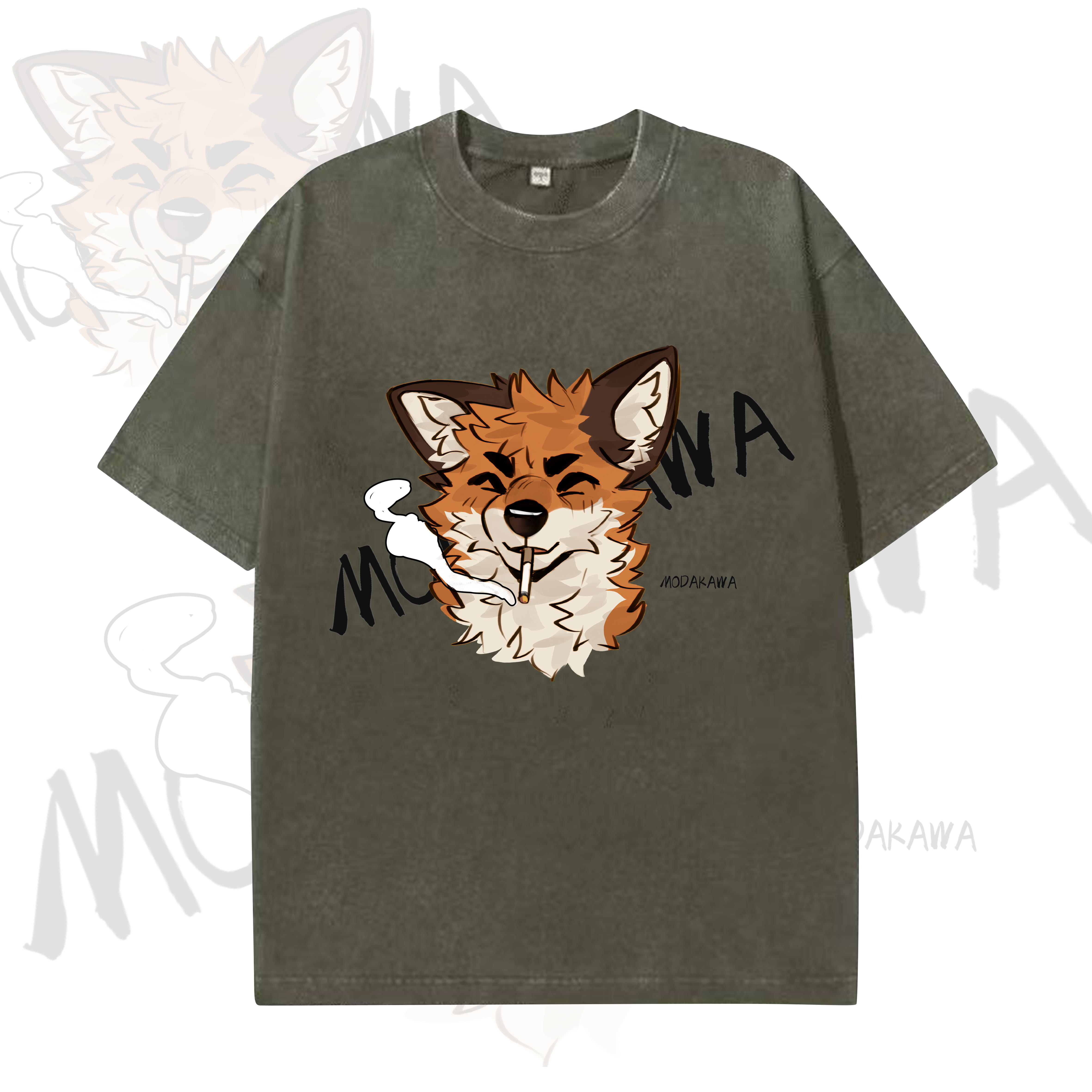 MODAKAWA X atka Funny Fox Graphic Vintage Washed T-shirt - Dark Green - 5XL - image 7