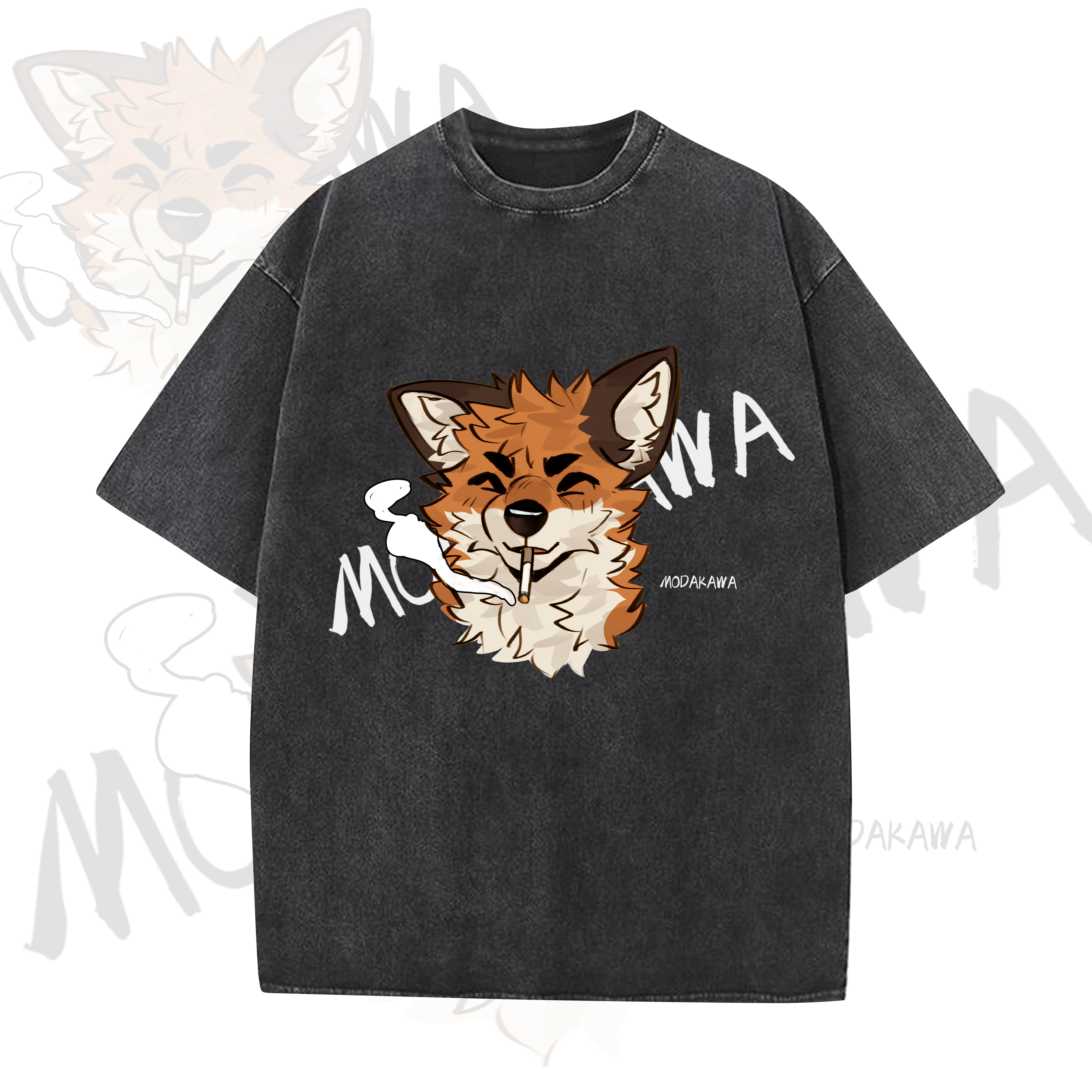 MODAKAWA X atka Funny Fox Graphic Vintage Washed T-shirt - Black - 5XL - image 1