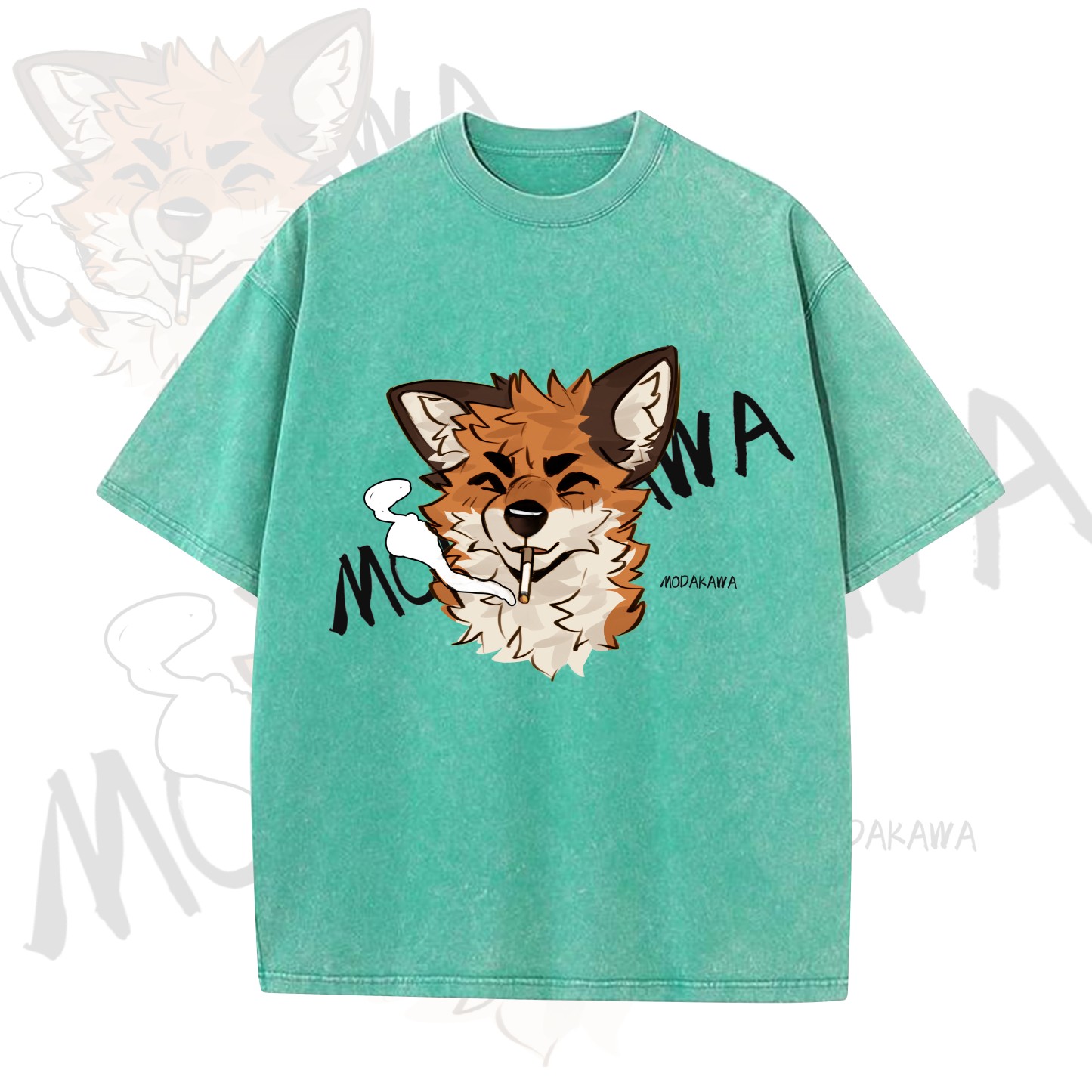 MODAKAWA X atka Funny Fox Graphic Vintage Washed T-shirt - Green - 5XL - image 8