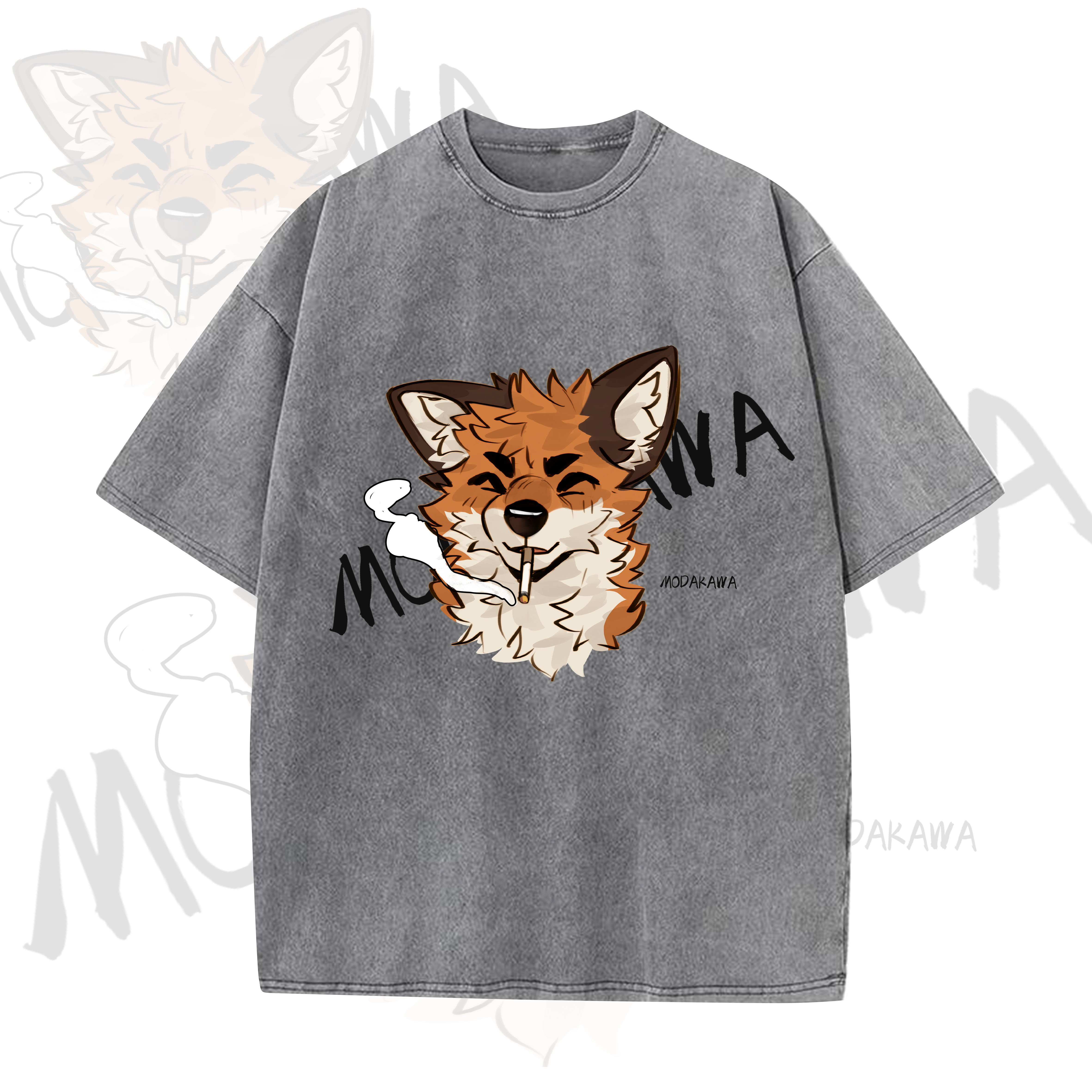 MODAKAWA X atka Funny Fox Graphic Vintage Washed T-shirt - Grey - 5XL - image 5