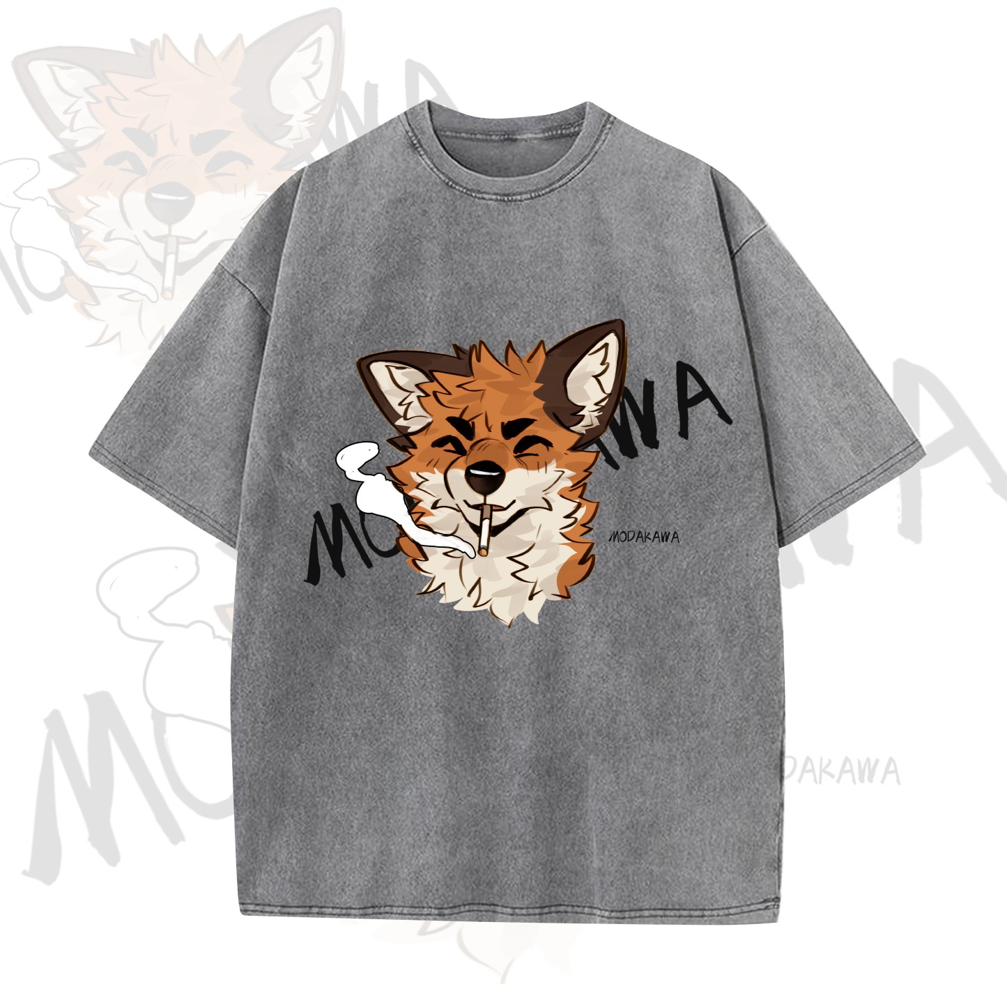 MODAKAWA X atka Funny Fox Graphic Vintage Washed T-shirt - Grey - 5XL - image 5