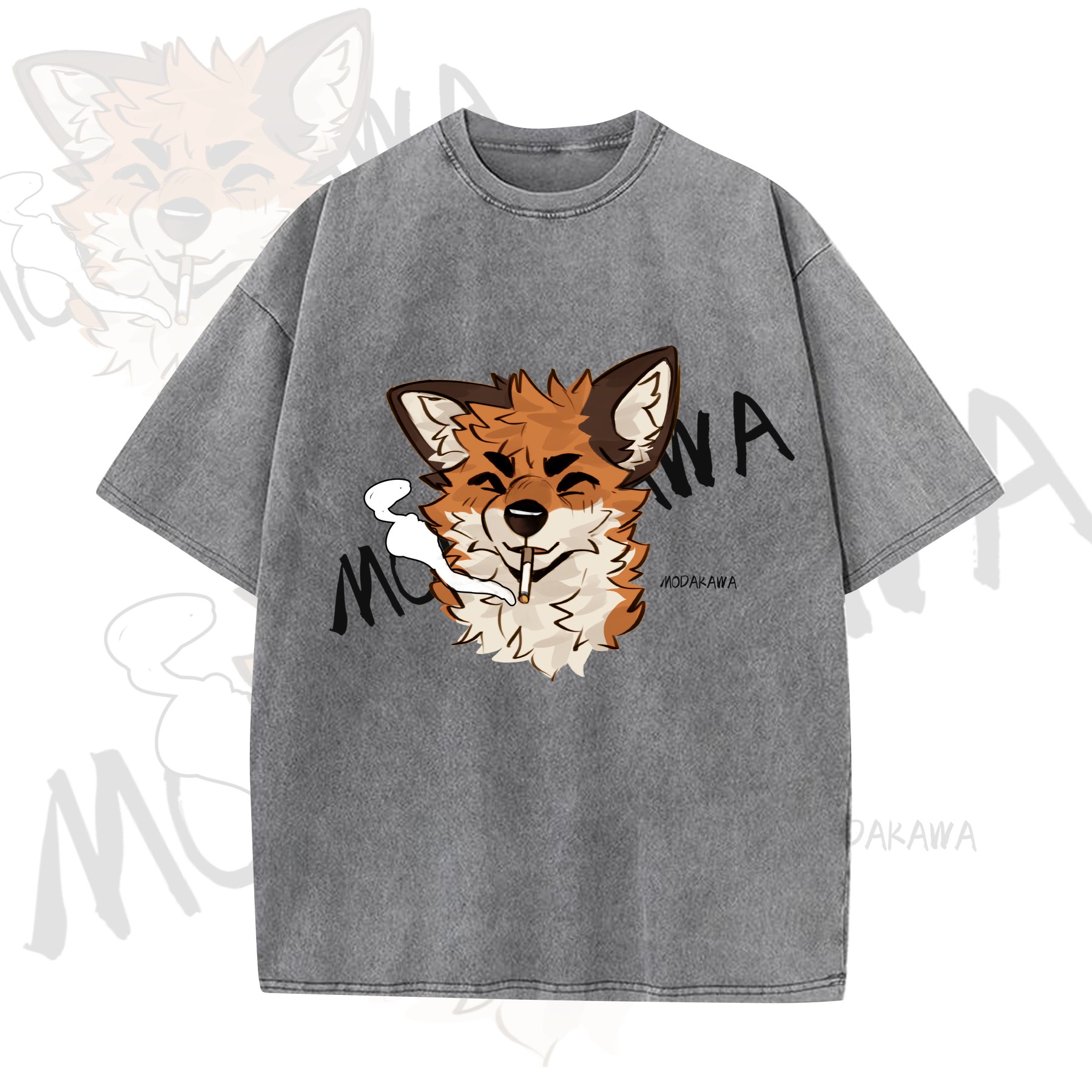 MODAKAWA X atka Funny Fox Graphic Vintage Washed T-shirt - Grey - 5XL - image 5