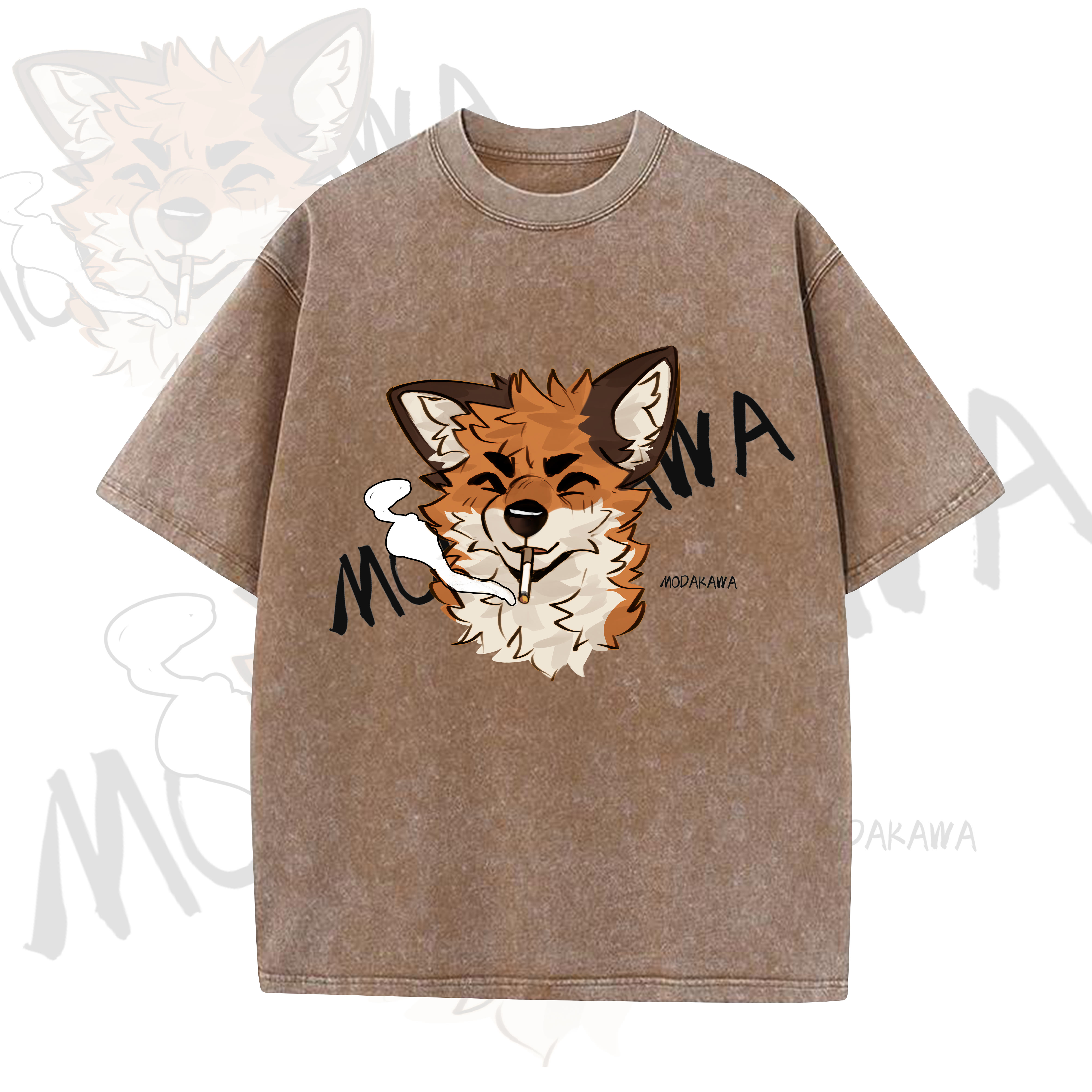 MODAKAWA X atka Funny Fox Graphic Vintage Washed T-shirt - Brown - 5XL - image 4