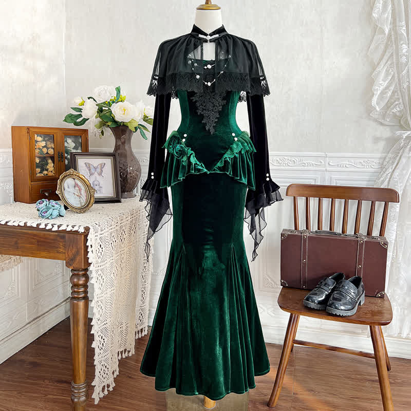  Sweet Romantic Dark Velvet Lace Long Sleeve Top Fishtail Dress⁠ Two Pieces Set - Set - XL - image 1