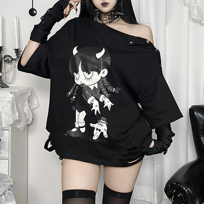 Sweet Kawaii Devil Girl Print Oversized Off Shoulder Short Sleeve T-Shirt - Black - L - image 1