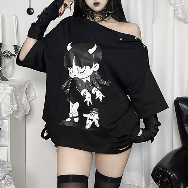 Sweet Kawaii Devil Girl Print Oversized Off Shoulder Short Sleeve T-Shirt - Black - L - image 1