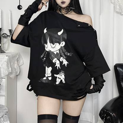 Sweet Kawaii Devil Girl Print Oversized Off Shoulder Short Sleeve T-Shirt - Black - L - image 1