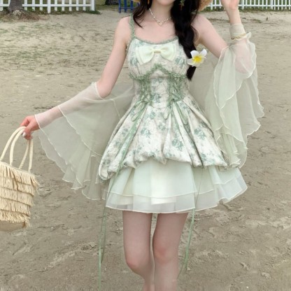 Summer Floral Dress with Gradient Openwork Shawl Two Pieces Set - image 3