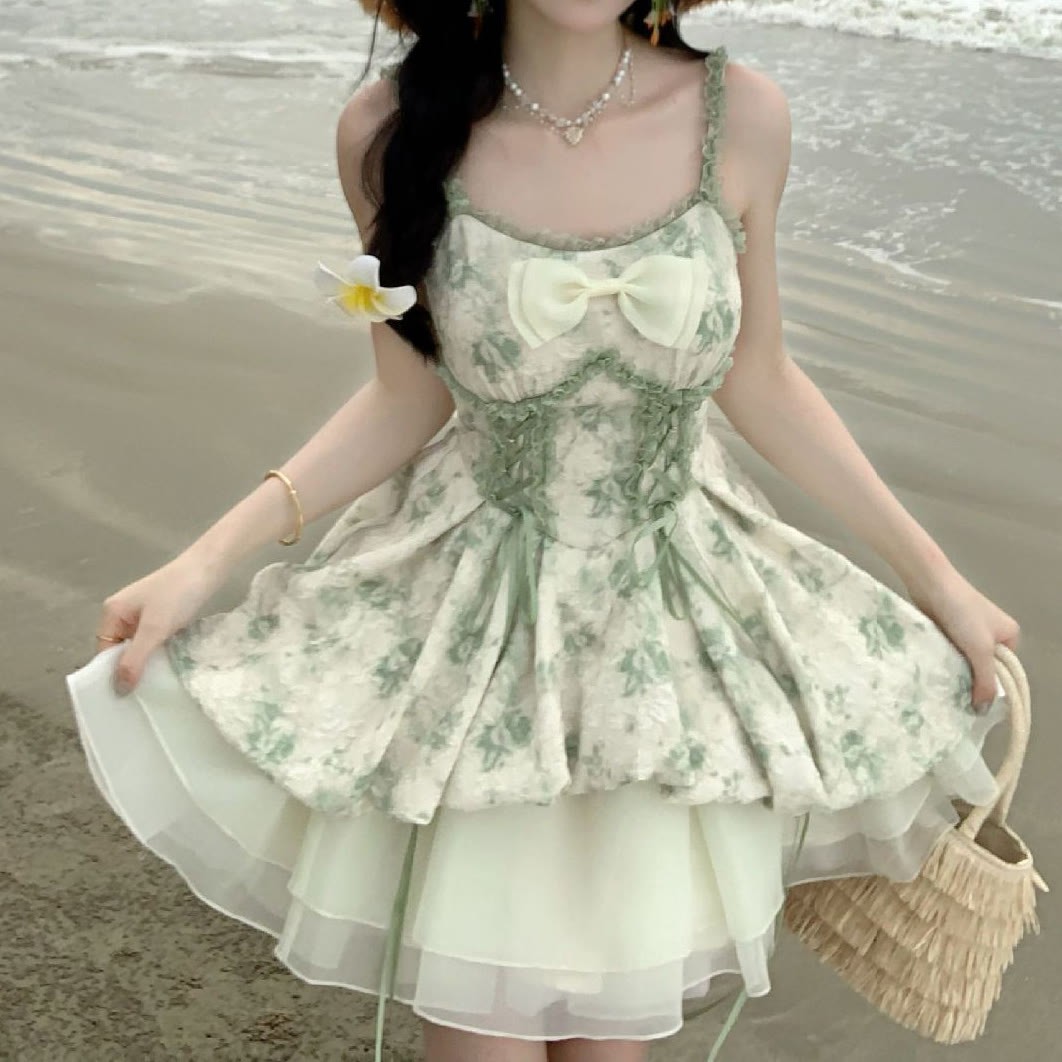 Summer Floral Dress with Gradient Openwork Shawl Two Pieces Set - image 2