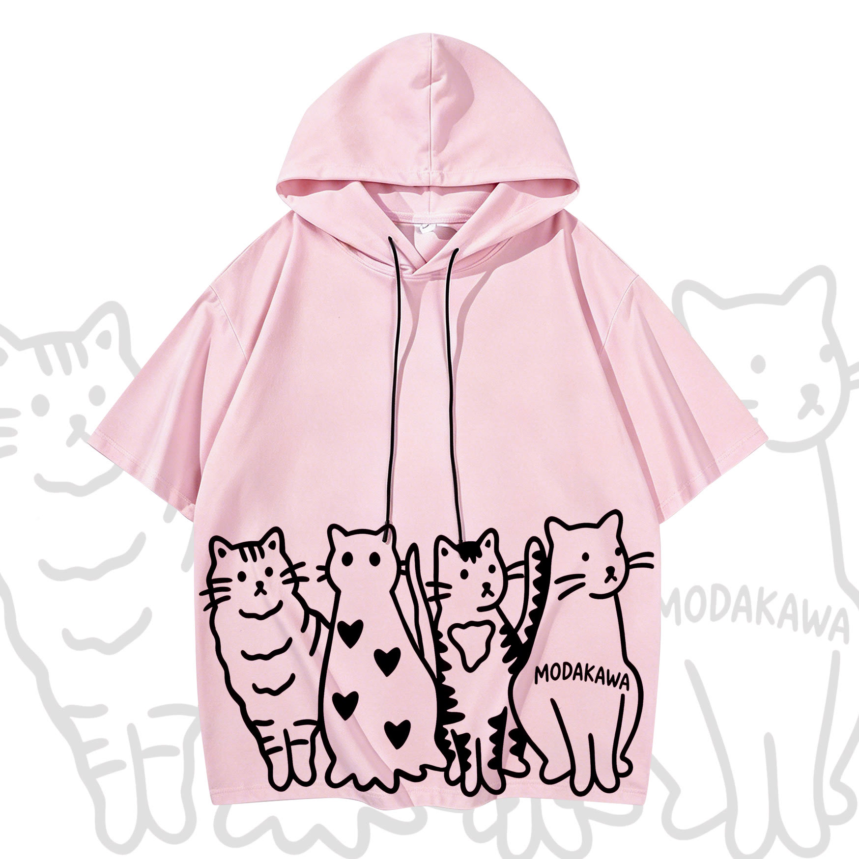 MODAKAWA Playful Cat Graphic Short Sleeve Hoodie with Denim Pants - Top - XL - image 2