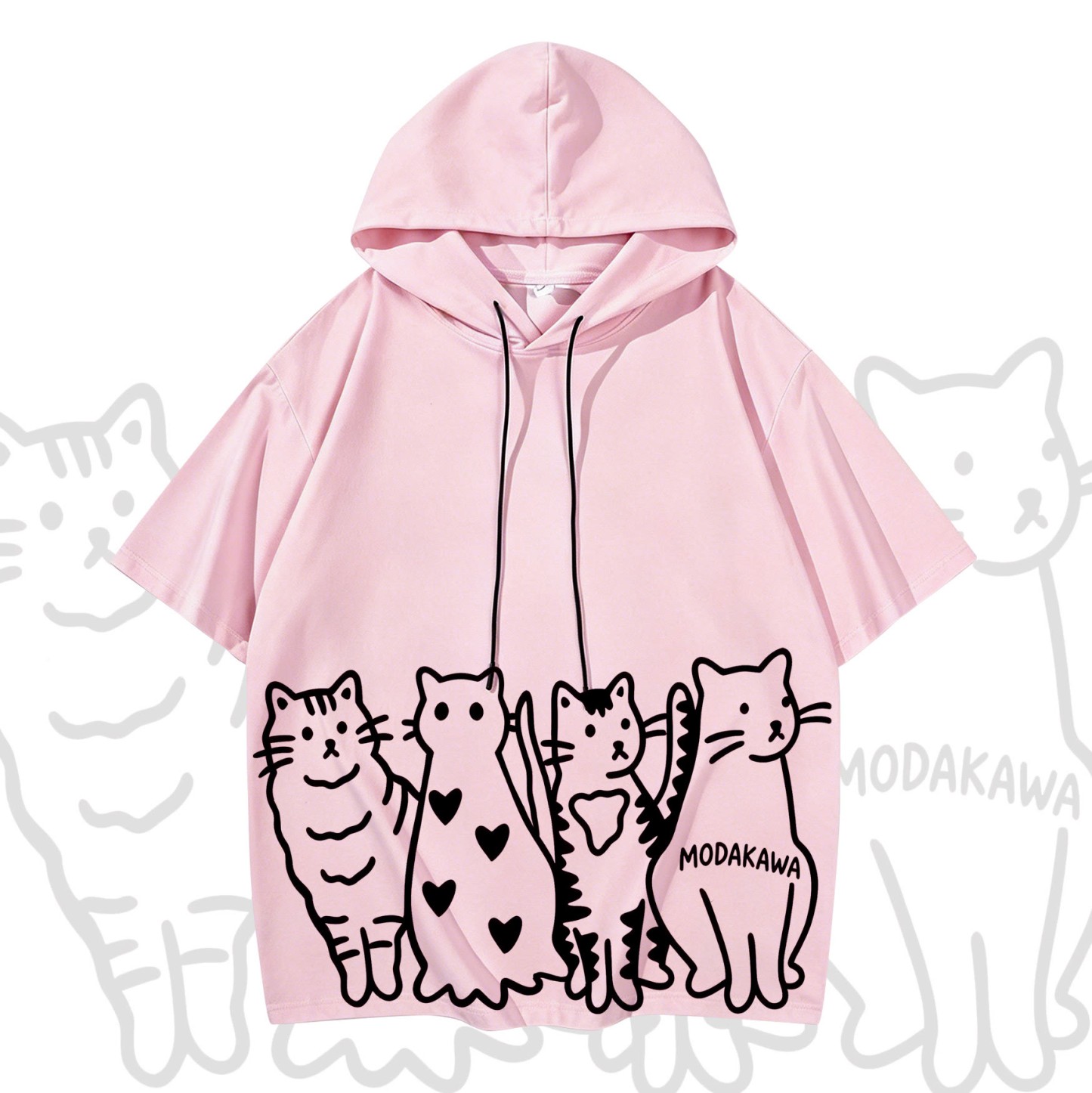 MODAKAWA Playful Cat Graphic Short Sleeve Hoodie with Denim Pants - Top - XL - image 2