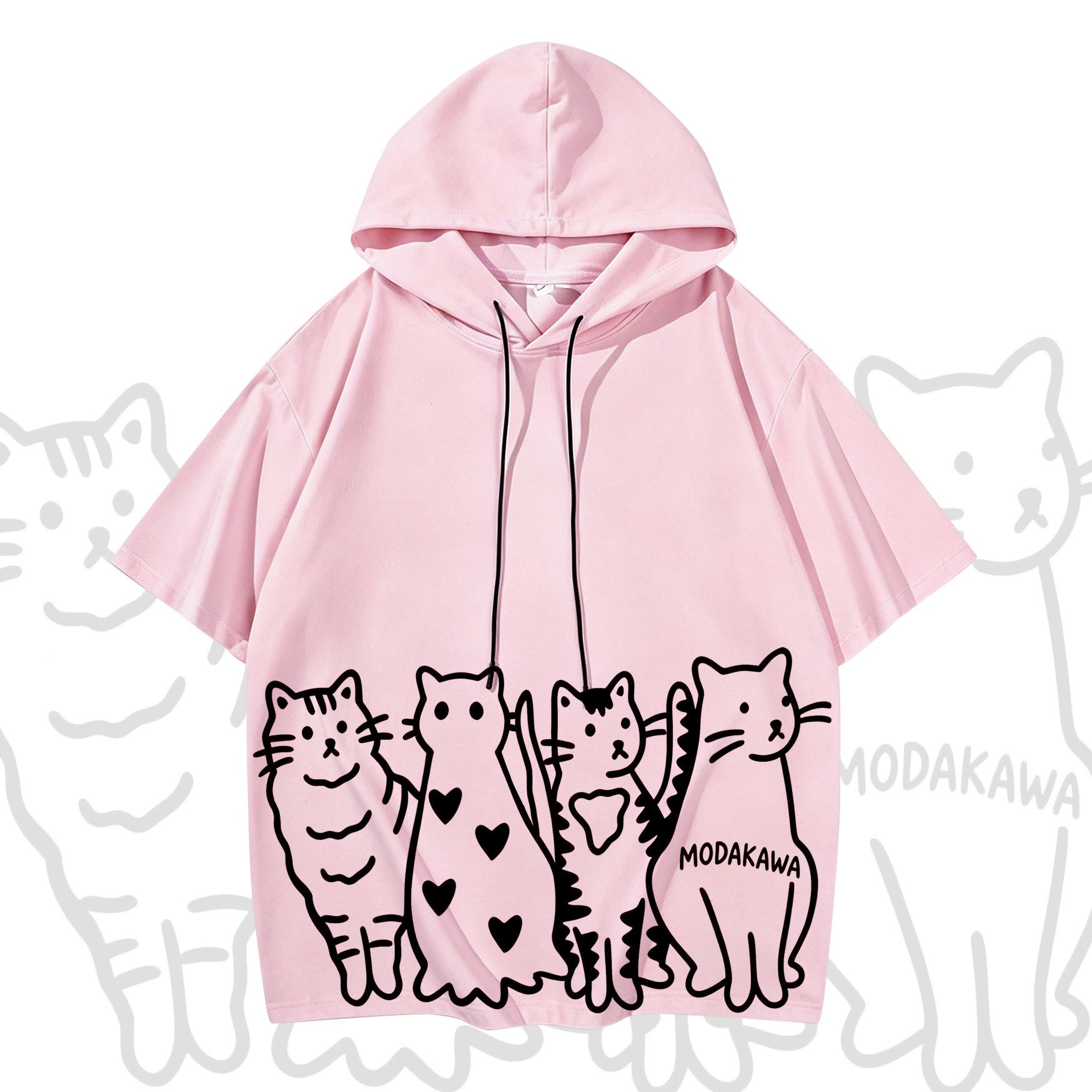 MODAKAWA Playful Cat Graphic Short Sleeve Hoodie with Denim Pants - Top - XL - image 2