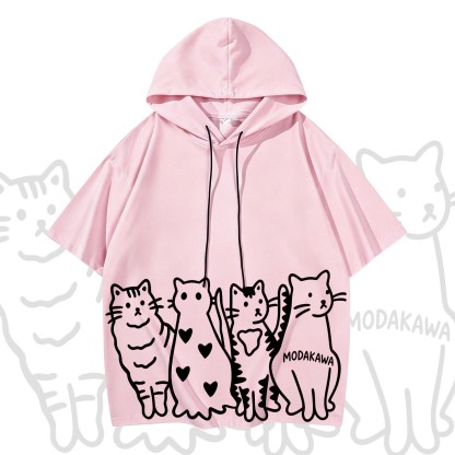 MODAKAWA Playful Cat Graphic Short Sleeve Hoodie with Denim Pants - Top - XL - image 2