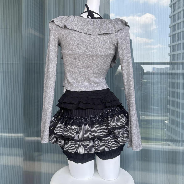Black Lace Cami Top with Gray Cardigan and Mini Skirt Three Pieces Set - image 4