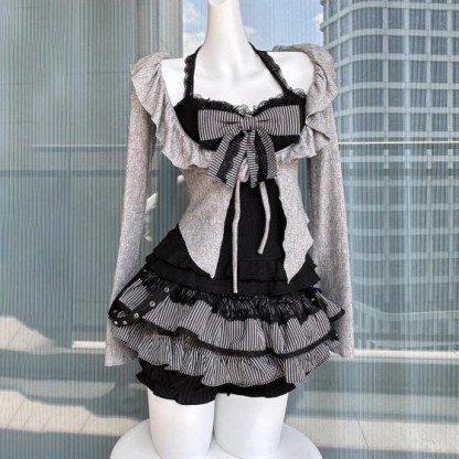 Black Lace Cami Top with Gray Cardigan and Mini Skirt Three Pieces Set - Cami Top + Cardigan - XL - image 3