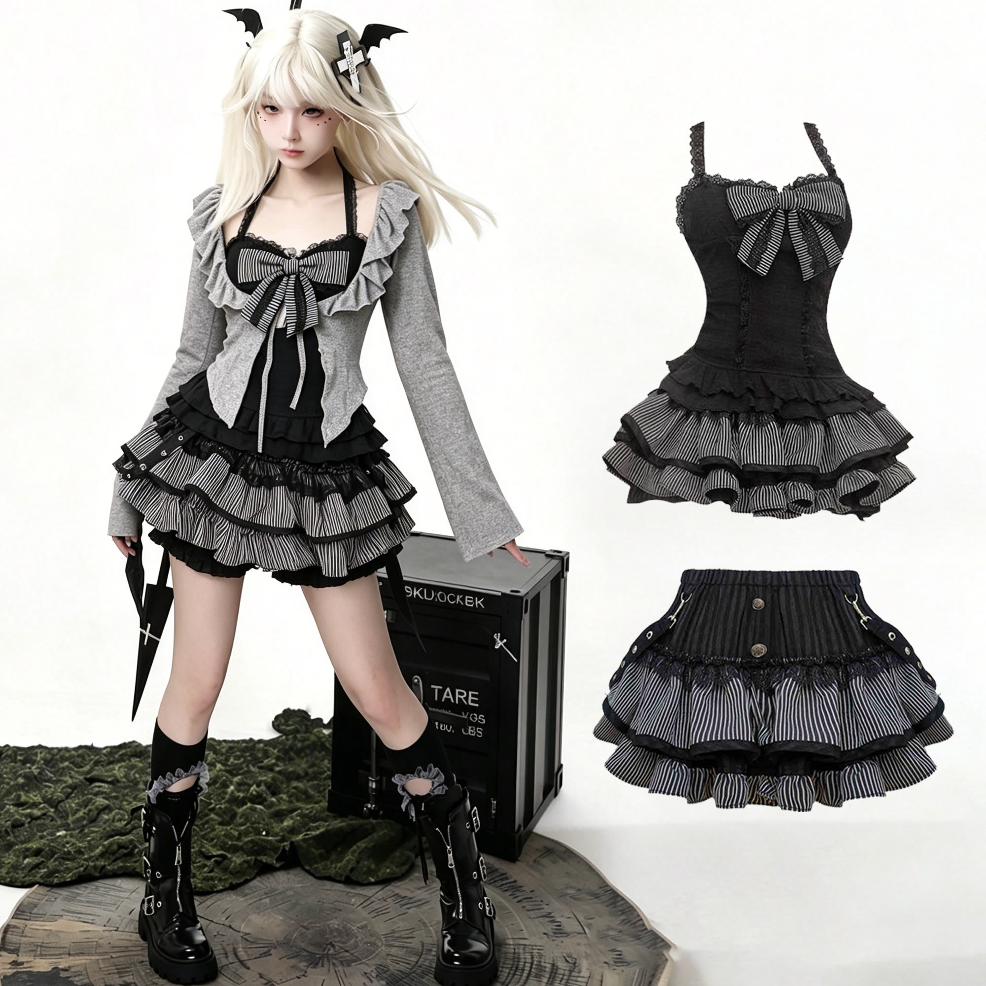 Black Lace Cami Top with Gray Cardigan and Mini Skirt Three Pieces Set - Set - XL - image 1