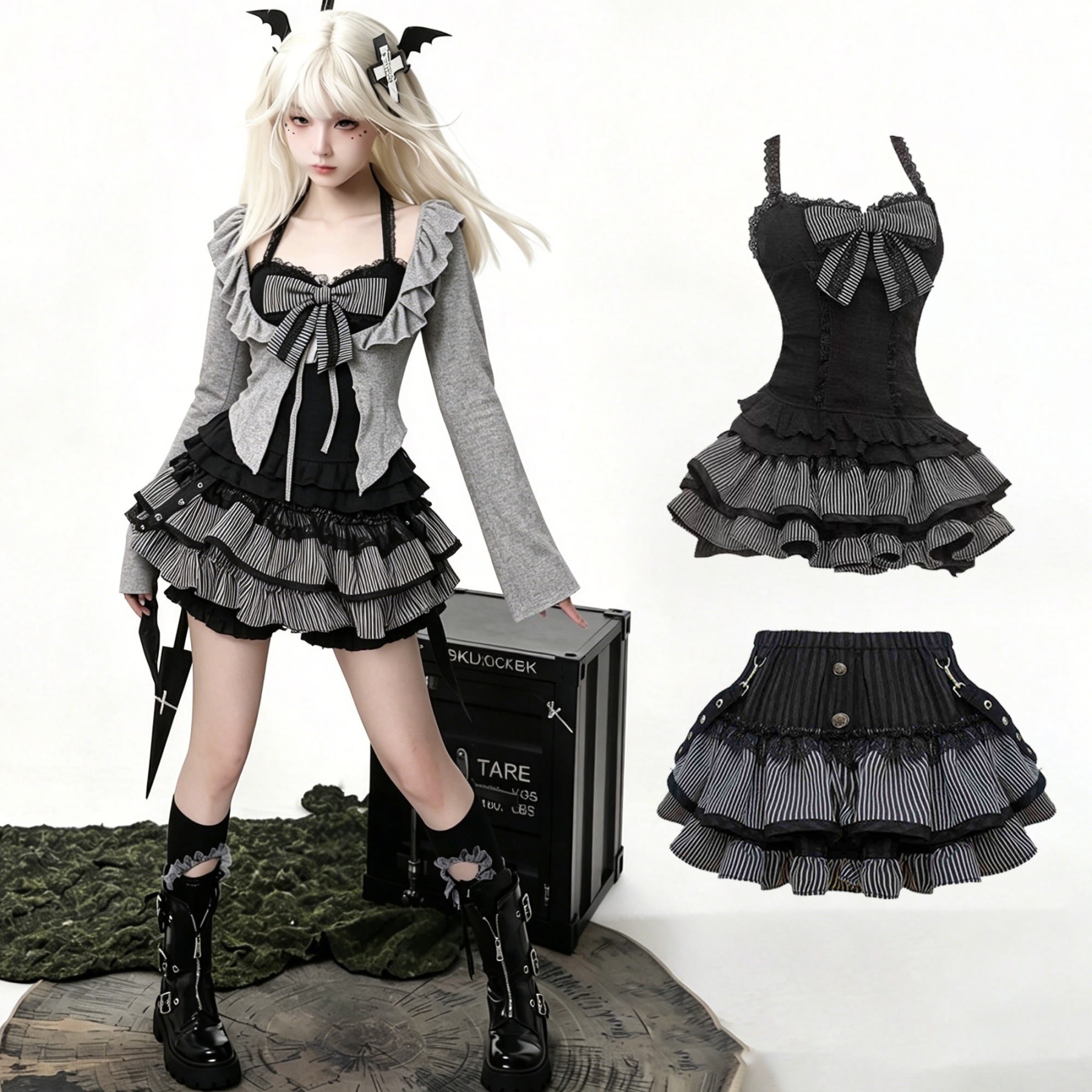 Black Lace Cami Top with Gray Cardigan and Mini Skirt Three Pieces Set - Set - XL - image 1