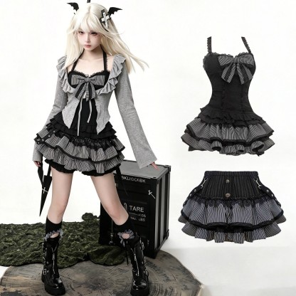 Black Lace Cami Top with Gray Cardigan and Mini Skirt Three Pieces Set - Set - XL - image 1