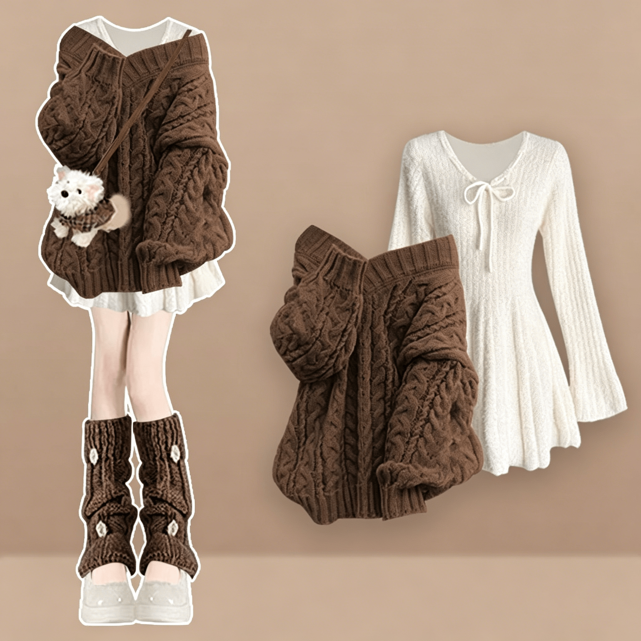Soft Knit Sweater with Bow Dress Two Pieces Set - Coffee Set - 4XL - image 4