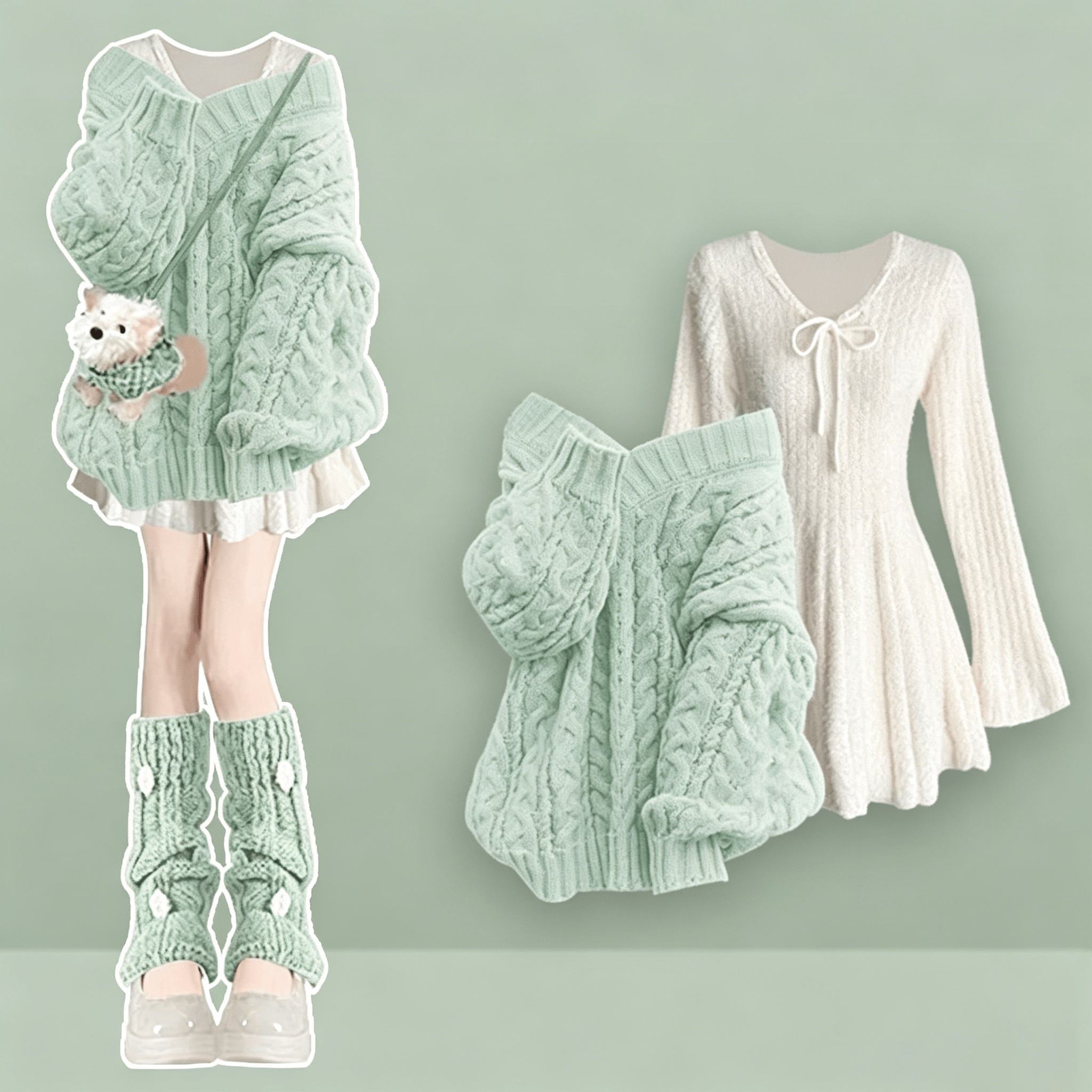 Soft Knit Sweater with Bow Dress Two Pieces Set - Green Set - 4XL - image 2