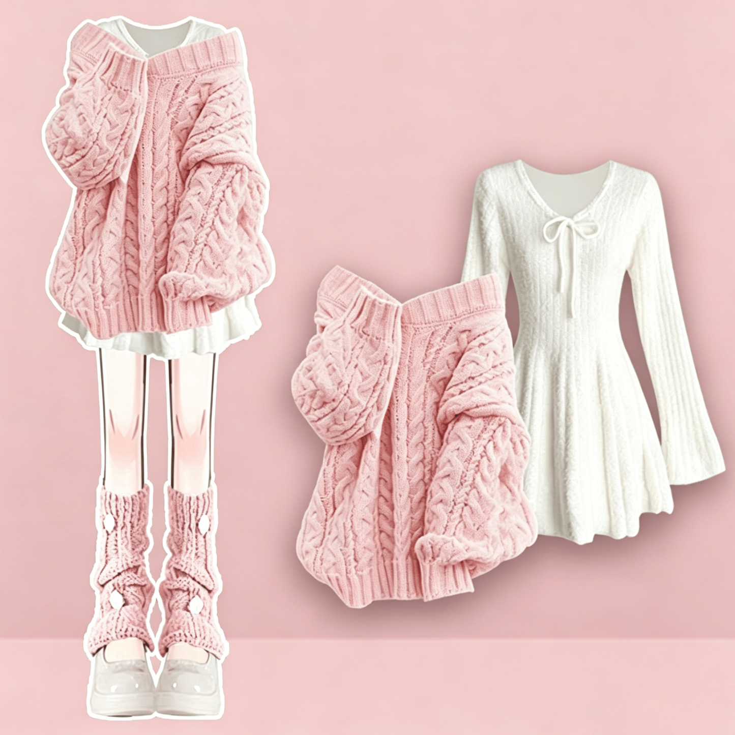Soft Knit Sweater with Bow Dress Two Pieces Set - Pink Set - 4XL - image 1