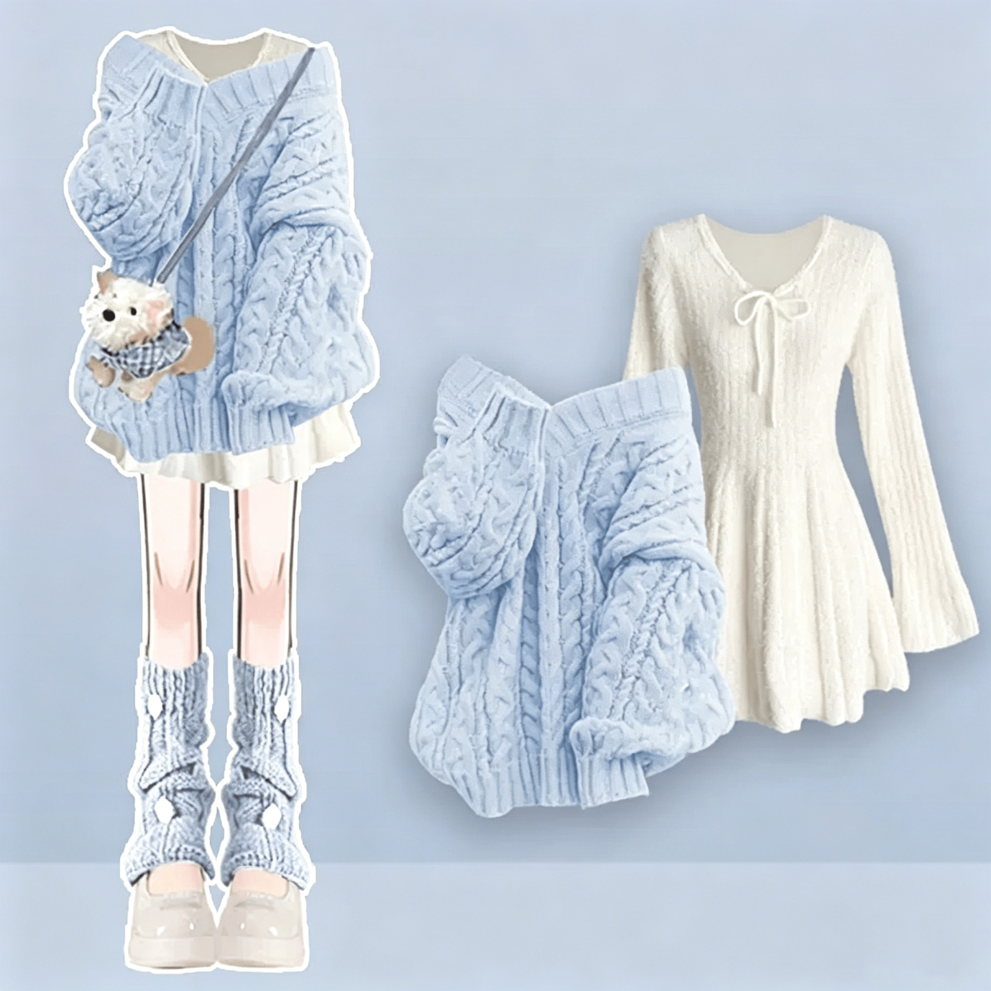 Soft Knit Sweater with Bow Dress Two Pieces Set - Blue Set - 4XL - image 3