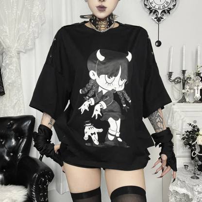 Sweet Kawaii Devil Girl Print Oversized Off Shoulder Short Sleeve T-Shirt - image 3