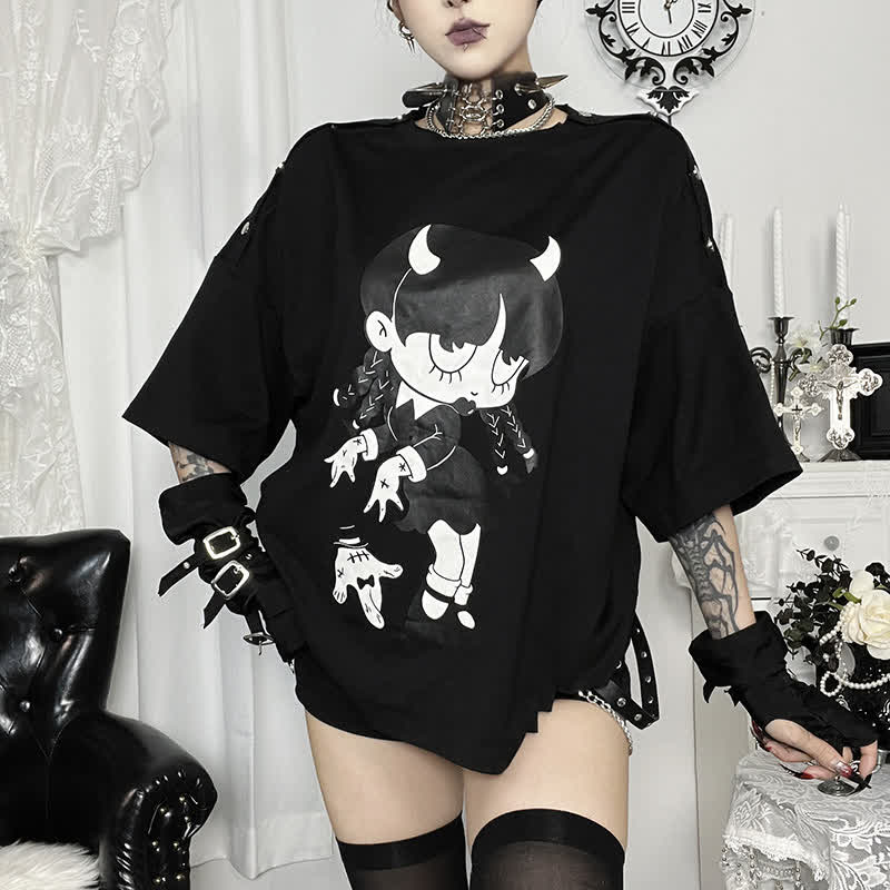 Sweet Kawaii Devil Girl Print Oversized Off Shoulder Short Sleeve T-Shirt - image 2