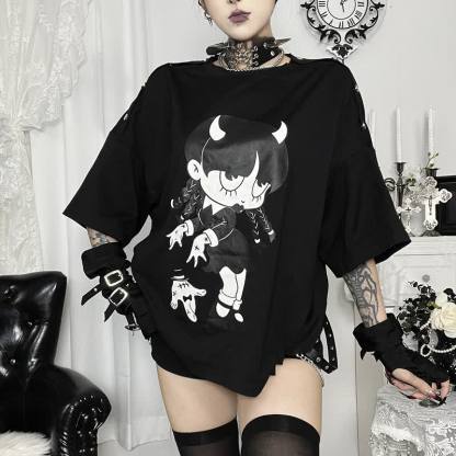 Sweet Kawaii Devil Girl Print Oversized Off Shoulder Short Sleeve T-Shirt - image 2