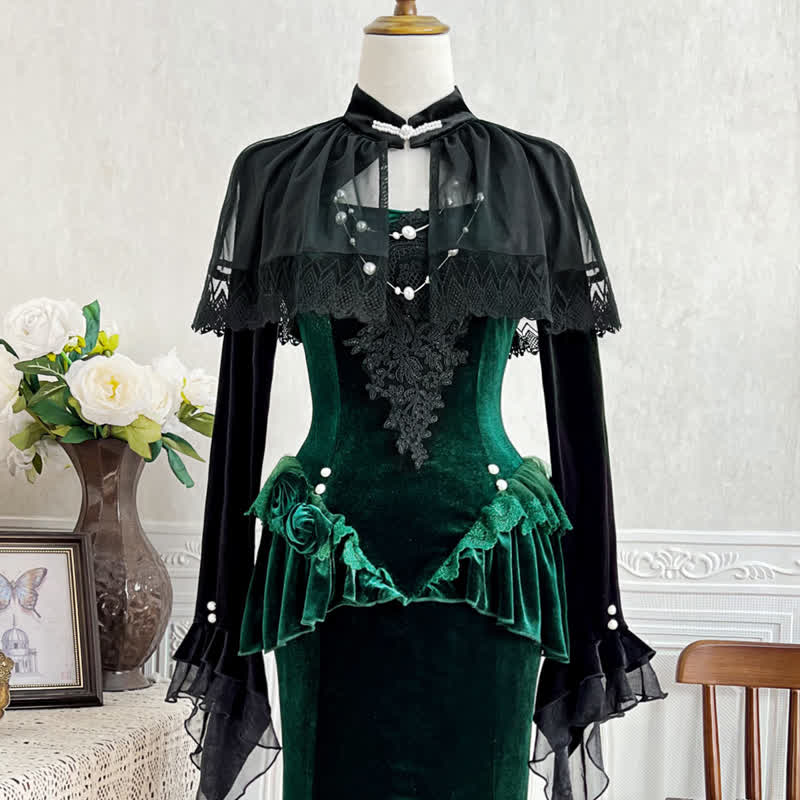  Sweet Romantic Dark Velvet Lace Long Sleeve Top Fishtail Dress⁠ Two Pieces Set - image 3