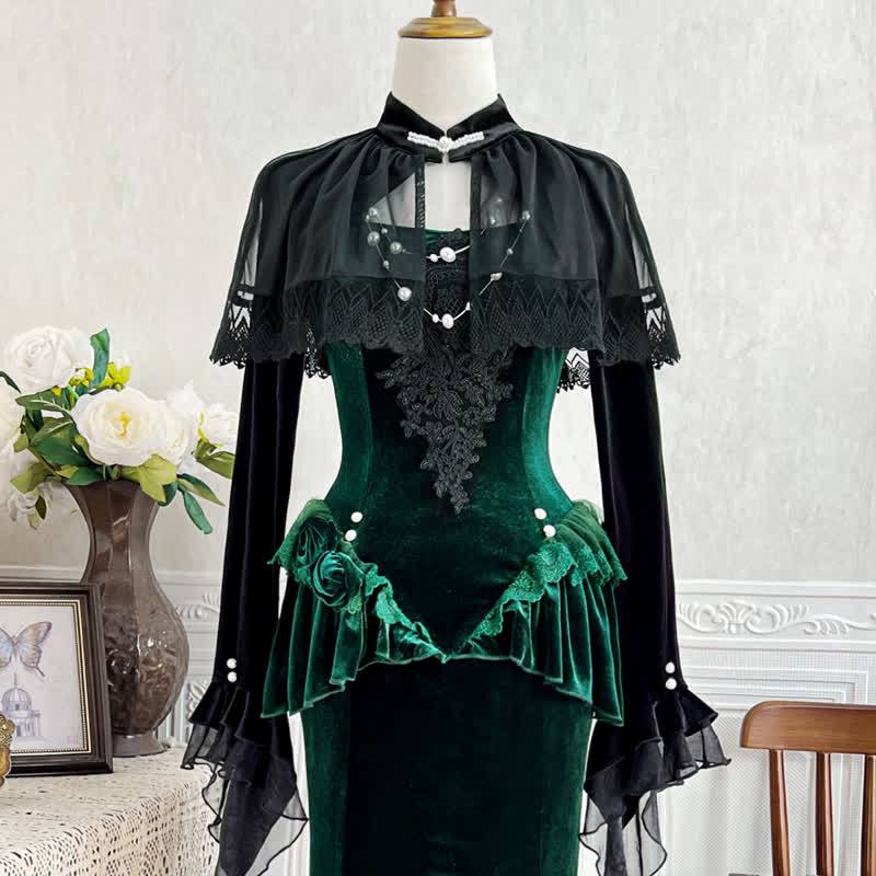  Sweet Romantic Dark Velvet Lace Long Sleeve Top Fishtail Dress⁠ Two Pieces Set - image 3