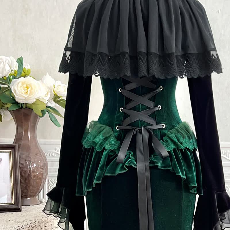  Sweet Romantic Dark Velvet Lace Long Sleeve Top Fishtail Dress⁠ Two Pieces Set - image 5