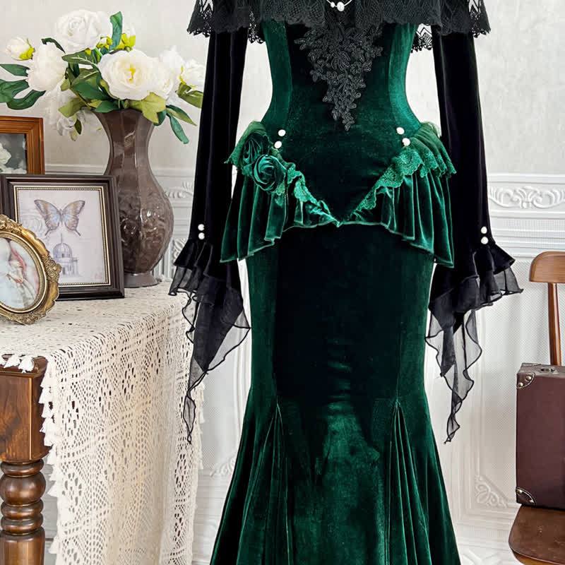 Sweet Romantic Dark Velvet Lace Long Sleeve Top Fishtail Dress⁠ Two Pieces Set - image 4