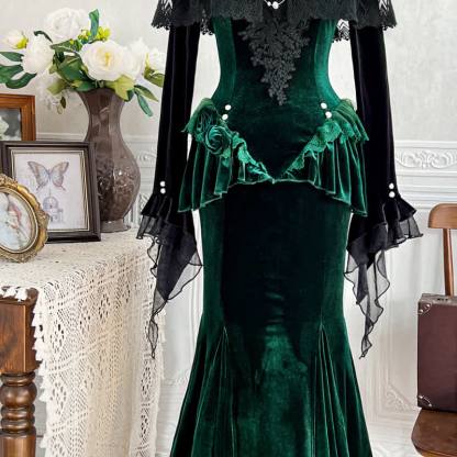  Sweet Romantic Dark Velvet Lace Long Sleeve Top Fishtail Dress⁠ Two Pieces Set - image 4
