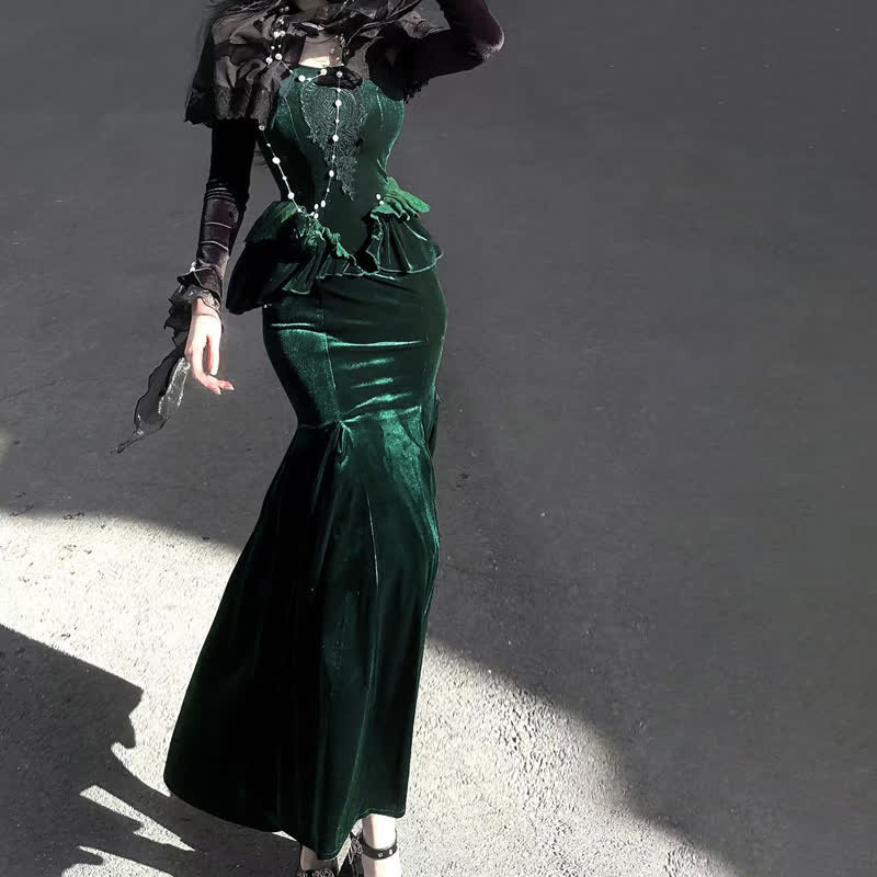  Sweet Romantic Dark Velvet Lace Long Sleeve Top Fishtail Dress⁠ Two Pieces Set - image 7