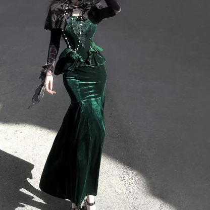  Sweet Romantic Dark Velvet Lace Long Sleeve Top Fishtail Dress⁠ Two Pieces Set - image 7