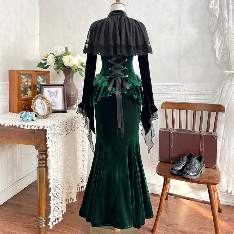  Sweet Romantic Dark Velvet Lace Long Sleeve Top Fishtail Dress⁠ Two Pieces Set - image 2