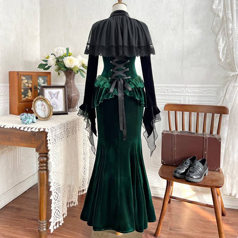  Sweet Romantic Dark Velvet Lace Long Sleeve Top Fishtail Dress⁠ Two Pieces Set - image 2