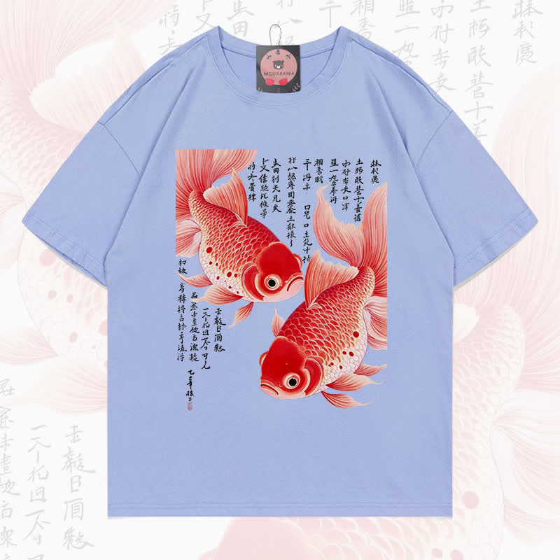 MODAKAWA Fish Graphic Loose Summer Short Sleeve T-Shirt - Light Blue - 5XL - image 3