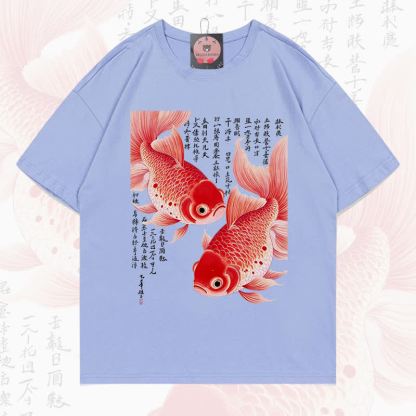 MODAKAWA Fish Graphic Loose Summer Short Sleeve T-Shirt - Light Blue - 5XL - image 3
