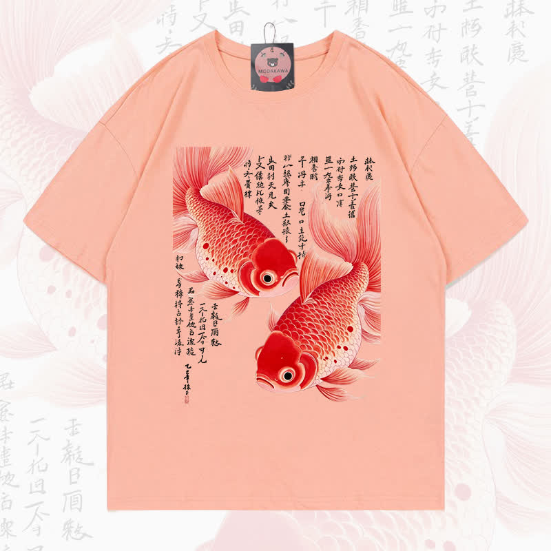 MODAKAWA Fish Graphic Loose Summer Short Sleeve T-Shirt - Coral Peach - 5XL - image 10