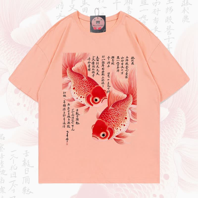 MODAKAWA Fish Graphic Loose Summer Short Sleeve T-Shirt - Coral Peach - 5XL - image 10