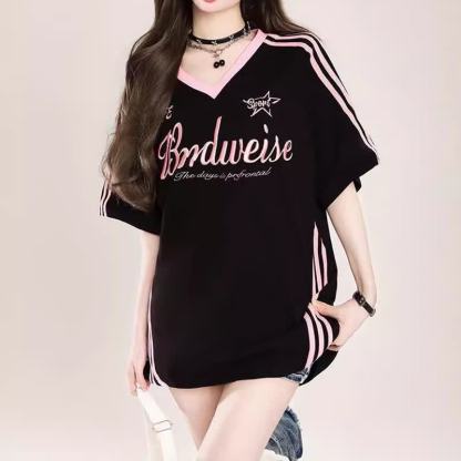 Vintage Striped V Neck Summer Loose Short Sleeve T Shirt  - Black - 3XL - image 1