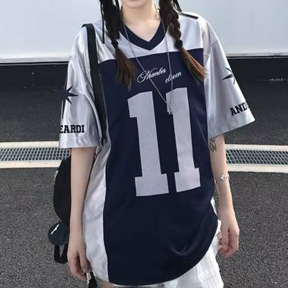 Sweet Cool Satin V Neck No.11 Jersey T-Shirt Loose Letter Print T-Shirt   - Navy Blue - 2XL - image 1