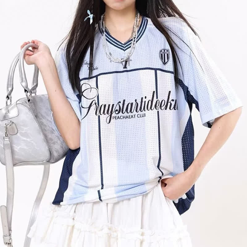 Vintage Mesh Striped V Neck Jersey Loose Sporty Short Sleeve T-Shirt  - image 1