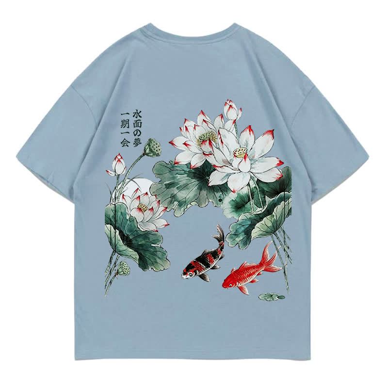 MODAKAWA Flower Fish Print Loose Summer Short Sleeve T-Shirt - Light Blue - 5XL - image 3
