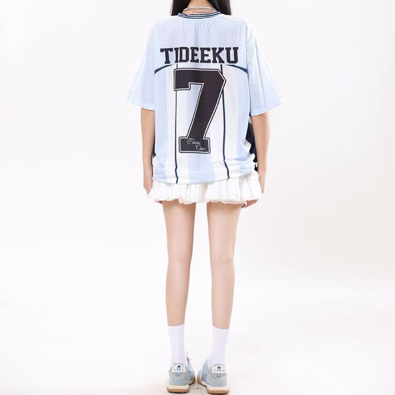 Vintage Mesh Striped V Neck Jersey Loose Sporty Short Sleeve T-Shirt  - image 2