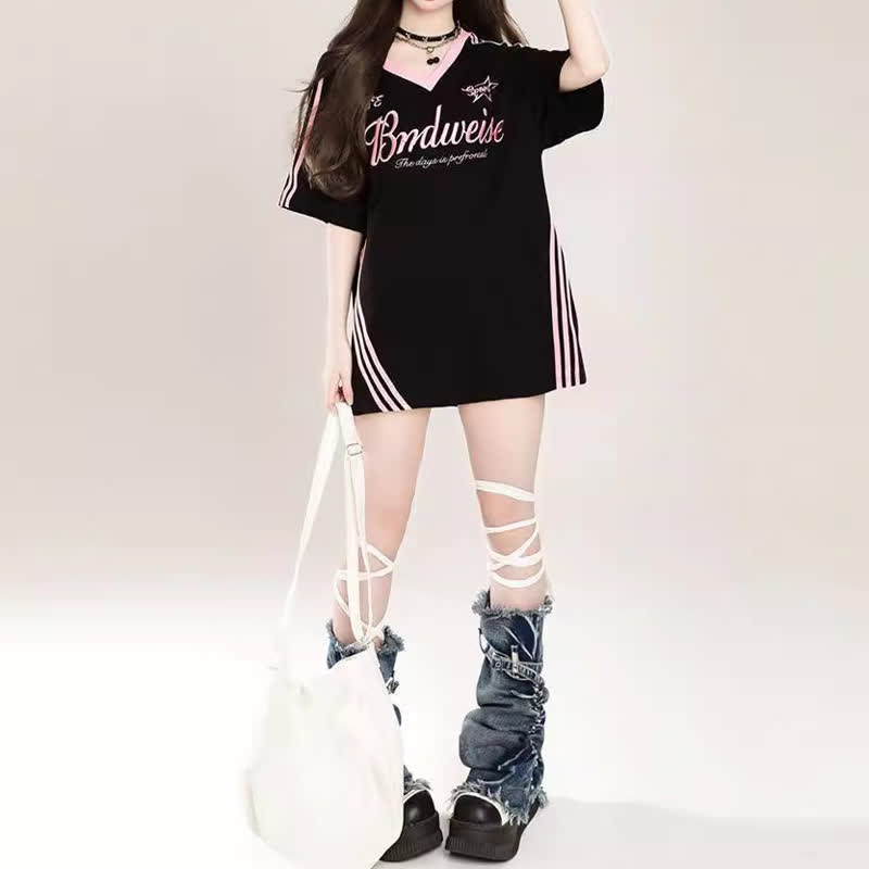 Vintage Striped V Neck Summer Loose Short Sleeve T Shirt  - image 2