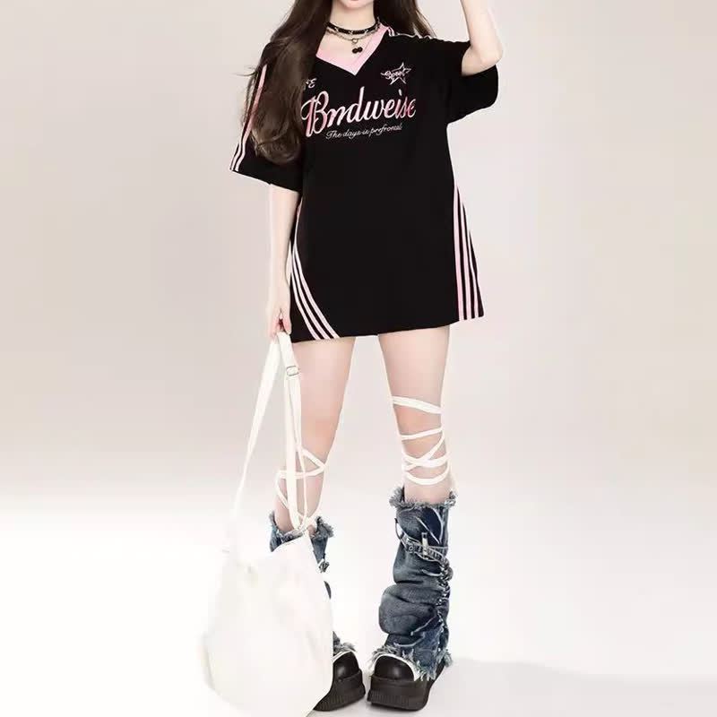 Vintage Striped V Neck Summer Loose Short Sleeve T Shirt  - image 2